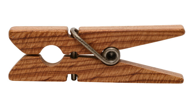 Wooden clothespin with metal spring, isolated on transparent background