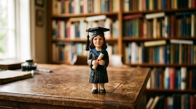 Small painted wooden figurine of a smiling graduate student wearing a black square academic cap and gown, holding a rolled diploma, posed on a wooden desk in a cozy library with soft focus bookshelves
