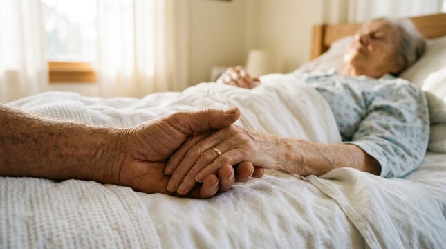 Intimate close-up of caregiver's weathered hand gently clasping elderly woman's hand resting on sunlit bed, tender compassion and end-of-life care moment