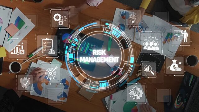 Collaborative Team Strategy Meeting on Risk Management with Infographic Elements and Diverse Professionals Engaged in Discussion Sigmoid