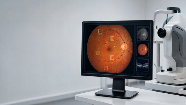 Retinal scan displayed on monitor in an ophthalmology clinic setting