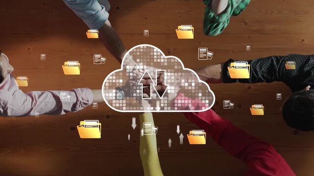 A creative illustration representing cloud data transfer and file synchronization, featuring hands working together over a wooden surface in a digital workspace. Raster