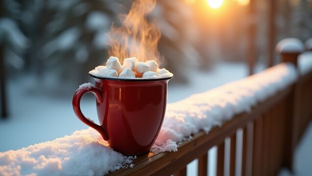 Red Ceramic Mug Hot Chocolate Winter Deck