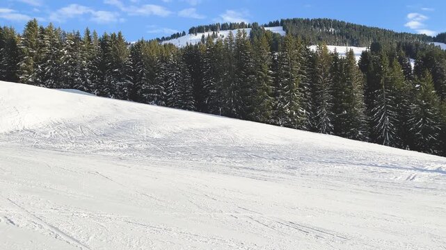 Wide shot of a snow-covered ski slope in Megeve, Haute-Savoie, France. The scene features a pristine ski piste bordered by dense evergreen forests, with snow-laden trees and a clear blue sky overhead.