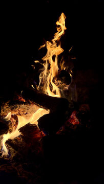 Burning wood creates glowing flames in the dark night