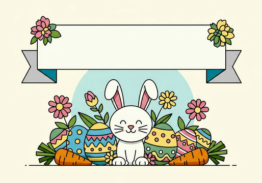 Easter Bunny Oryctolagus cuniculus with Eggs Banner and Spring Flowers