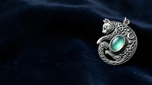 Ornate silver pendant with green jade stone on dark fabric