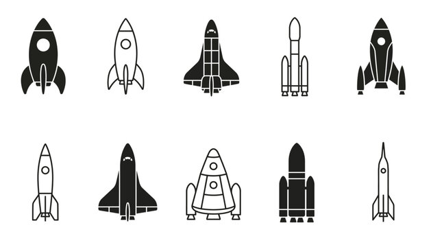 Rocket Icon Set, Spacecraft, Launch Vehicle, Shuttle, Missile, Aerospace, Space Travel, Exploration, Futuristic Transport Symbols
