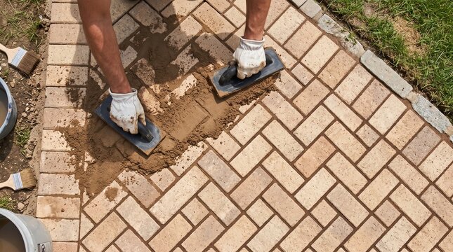 High angle view of worker wearing white gloves using trowels to spread sand over herringbone pattern brick pavers for professional landscaping and patio renovation.