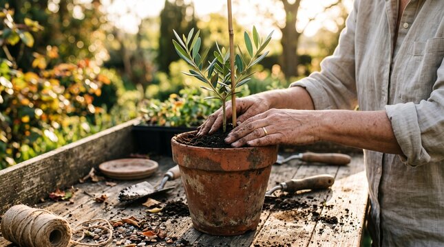 Elderly woman hands planting young olive tree sapling in terracotta pot on rustic wooden workbench outdoors during golden hour sunset for gardening hobby concept.