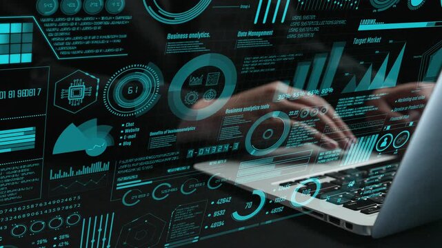 Explore the modern digital environment of business analytics with hands on keyboard and engaging data visualizations that illustrate key performance metrics and insights. Cipher