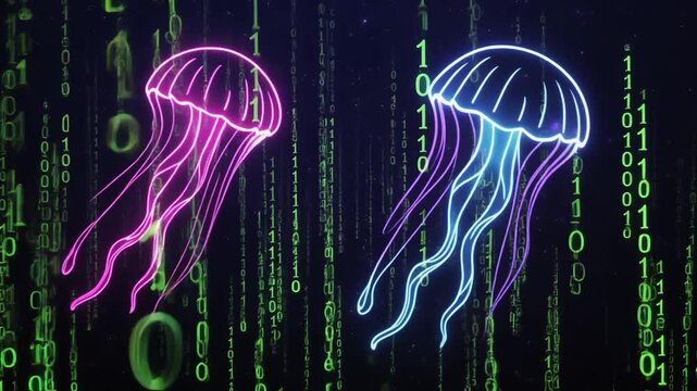 Neon Jellyfish in Digital Matrix