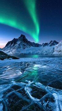 Stunning vibrant northern lights glowing above rugged snowy mountains reflected on cracked icy frozen lake under starry night sky in arctic wilderness scenery
