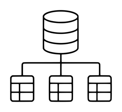 Database schema vector icon showing a central server storage cylinder connected to three data table grids, representing information architecture, relational database structure, and digital