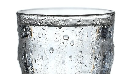 Close-up of a frosted glass filled with cold water, condensation