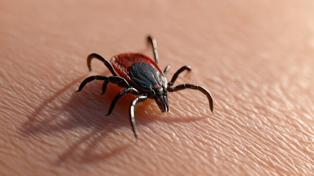 Detailed macro view of a small tick resting on human skin with fine texture and soft natural lighting creating subtle shadows