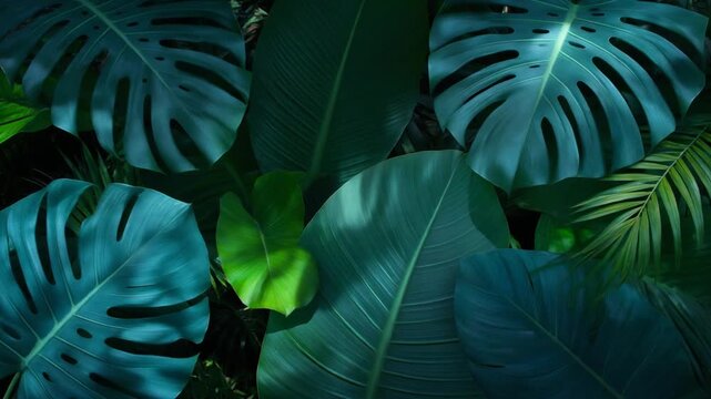 Tropical Rainforest Leaves, Lush Green Jungle Foliage, Exotic Plant Texture Background