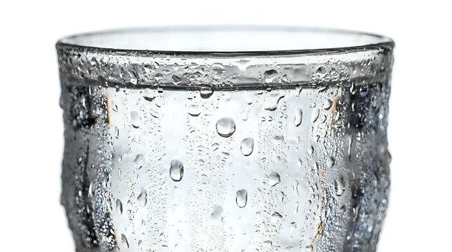 Close-up of a frosted glass filled with cold water, condensation