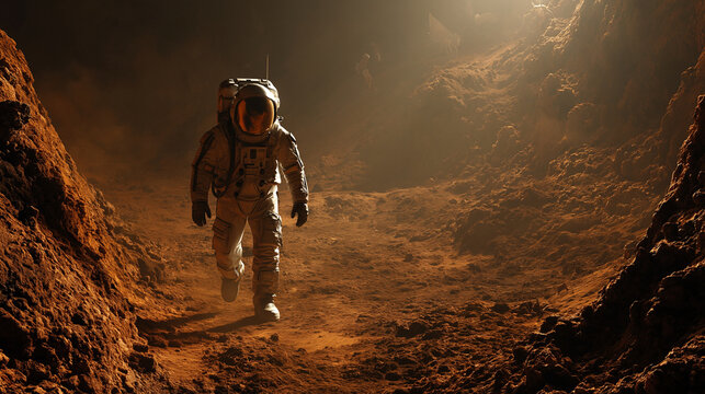 Astronaut walking on Martian soil in rocky canyon