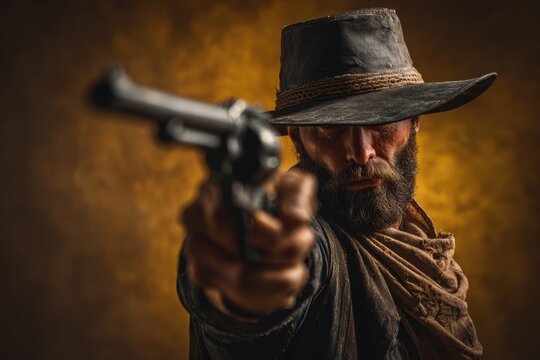 Intense portrait of a rugged man in vintage western attire aiming a revolver with focused expression against a warm rustic background
