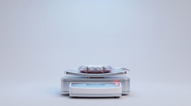 Blood bag on digital scale for blood donation in medical laboratory
