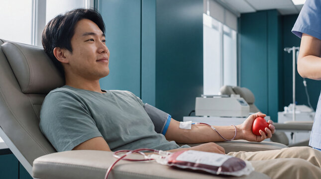Blood donation by Asian man sitting in medical chair squeezing red heart ball in hospital room
