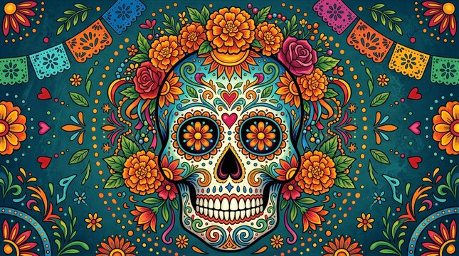 Sugar skull decorated with marigolds in festive background