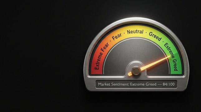 Market sentiment gauge showing extreme greed at 84 out of 100 with glowing golden needle, financial fear and greed indicator on dark background with clean copy space