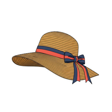 Woven straw sun hat with navy and red ribbon bow decoration vacation accessory material protection clothing tropical relaxation isolated background illustration