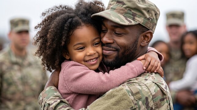 military father hugging his smiling young daughter during emotional reunion at military base