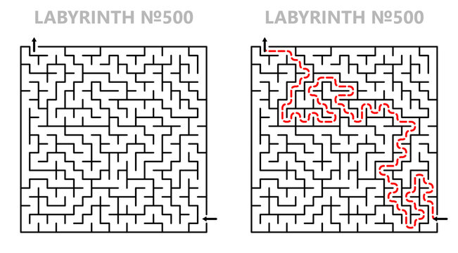 Maze challenge with answers. Complex maze path 21x21 with solution. Empty grid template for teachers. Hard.
