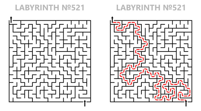 Maze challenge with answers. Complex maze path 21x21 with solution. Empty grid template for teachers. Hard.