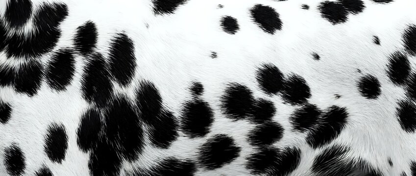 Cow hide texture with black and white spotted fur pattern, animal
