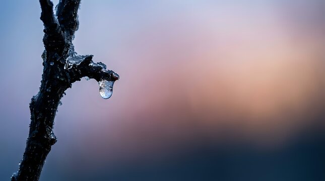 Frozen water droplet hanging from icy branch against soft blurred