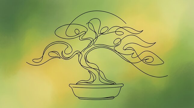 Minimalist Abstract Botanical Line Art Featuring Stylized Bonsai Tree with Flowing Branch Curves in Yellow and Green Tone bonsai tree line art green yellow black background pot digital art abstract