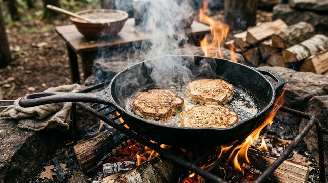 Pancakes cooking in cast iron skillet over open campfire