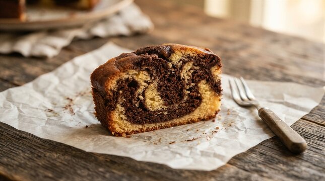 Slice of marble cake sitting on parchment on wooden table
