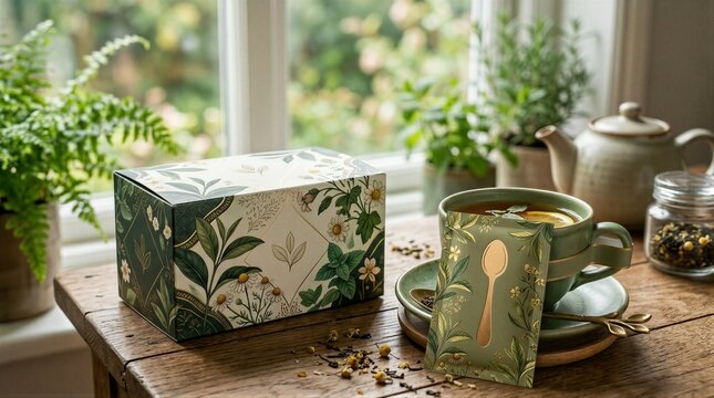 Decorative tea box beside mug on wooden windowsill with plants