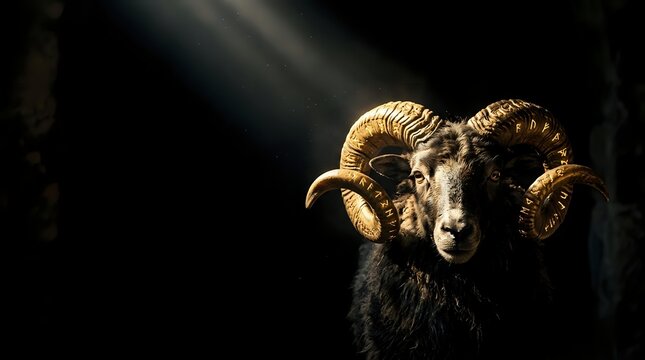 Majestic ram with large curved horns illuminated against dark