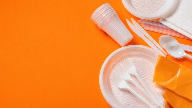 Disposable Plastic Tableware with Plates Cups Cutlery and Straws on Orange Background