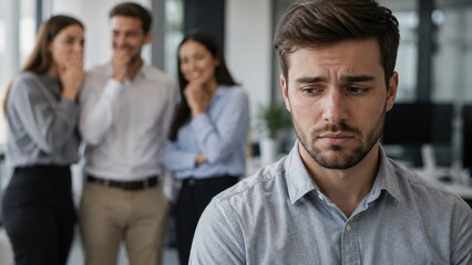 Obraz premium Upset Young Employee Feeling Excluded While Coworkers Gossip Behind Him in Modern Office