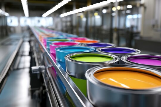 Vibrant paint cans lined up on an industrial conveyor belt in a manufacturing factory setting with various bright colors ready for packaging and distribution
