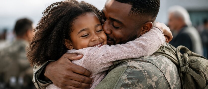 military father hugging and kissing his smiling young daughter during emotional reunion after deployment