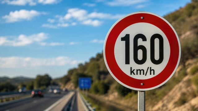 160 km/h Speed Limit Road Sign Beside Modern Highway with Traffic and Blue Sky