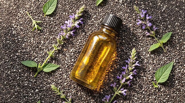 Natural chia seed oil in an amber bottle rests on chia seeds, surrounded by fresh chia flowers. This emphasizes healthy superfood nutrition and sustainable wellness products.