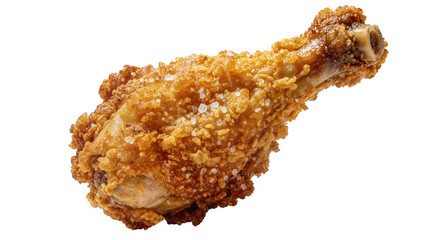Crispy golden fried chicken drumstick with coarse salt crystals, isolated on transparent background © Lilia
