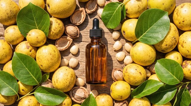Amber dropper bottle contains natural botanical oil, surrounded by fresh marula fruits, green leaves, and macadamia nuts. It represents organic ingredients for sustainable skincare.