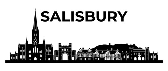 Naklejka premium Salisbury England City Skyline Silhouette, Minimalist Black Vector Landmark Illustration