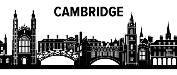 Obraz premium Cambridge England City Skyline Silhouette Illustration with Landmarks Isolated on White Background