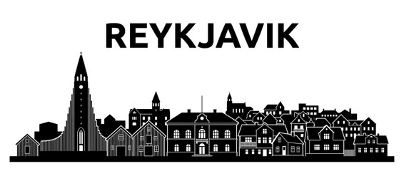 Naklejka premium Reykjavik Iceland Skyline Black Silhouette with City Name Isolated on White Background